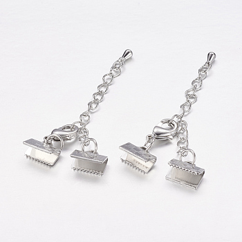 Clip Chain Extender And Clasps, Brass, Nickel Free, Platinum Color, clasp: 10mmx31mm, chain: 3.5mmx60mm, ribbon ends: 5x10mm