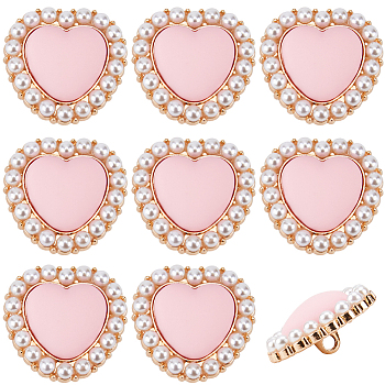 15Pcs Alloy Shank Buttons, with ABS Plastic Imitation Pearl Beads, Heart, Pink, 21.5x22.5x11mm, Hole: 2.5mm