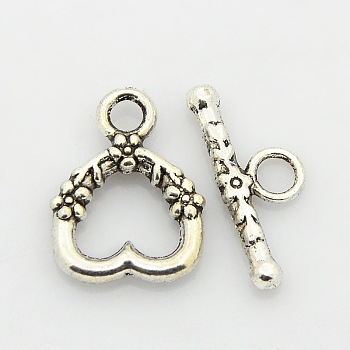 Tibetan Style Alloy Heart Toggle Clasps, Antique Silver, Heart: 18x14x3mm, Hole: 2.5mm, Bar: 20x8x3mm, Hole: 3mm
