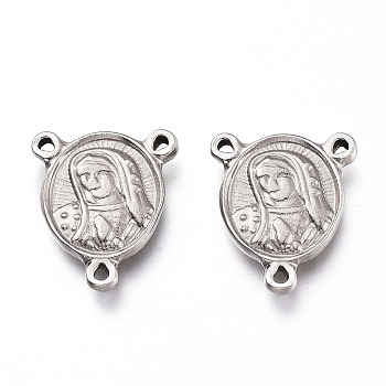 Tarnish Resistant 201 Stainless Steel Chandelier Component Links, Oval with Virgin Mary, Stainless Steel Color, 14x11.5x2mm, Hole: 1.2mm