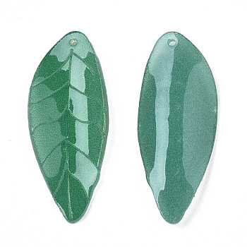 Plastic Pendants, Leaf, Green, 28x11x3mm, Hole: 1mm