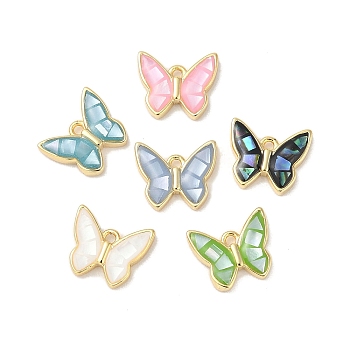 Rack Plating Brass & Shell Butterfly Charms with Epoxy Resin, Long-lasting Plated, Cadmium Free & Lead Free, Real 18K Gold Plated, Mixed Color, 8.5x10x2mm, Hole: 1mm