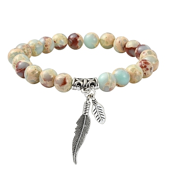 Synthetic Imperial Jasper Round Beaded Stretch Bracelets, with Alloy Feather Charms, Inner Diameter: 2-3/8 inch(6cm)