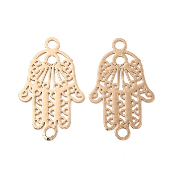 Rack Plating Brass Connector Charms, Etched Metal Embellishments, Long-Lasting Plated, Religion Hamsa Hand Links, Light Gold, 21x13x0.3mm, Hole: 1.8mm