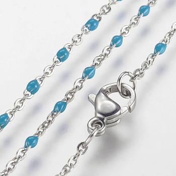 304 Stainless Steel Chain Necklaces, with Enamel, Platinum, Dark Turquoise, 17.91 inch(45.5cm), 2mm