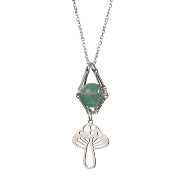 Natural Green Aventurine Interchangeable Holder Pendant Necklace for Women, with Mushroom Pendants, 17.64 inch(44.8cm)