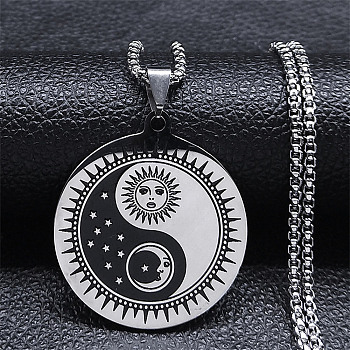 304 Stainless Steel Pendant Necklace with Box Chains, Yin Yang with Moon & Sun, Stainless Steel Color, 19.61 inch(49.8cm)