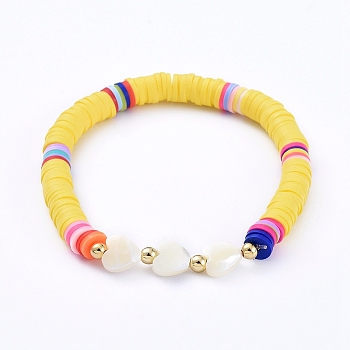 Stretch Bracelets, with Handmade Polymer Clay Heishi Beads, Heart Natural Sea Shell Beads and Round Brass Beads, Yellow, 2-1/4 inch(5.6cm)