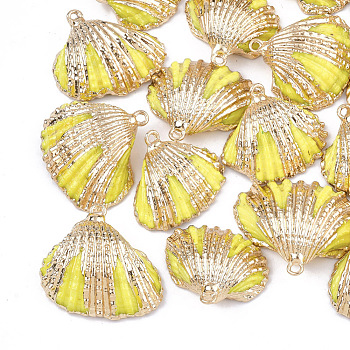Spray Paint & Electroplate Sea Shell Pendants, with Iron Findings, Light Gold, Yellow, 18~30x20~30x7~11mm, Hole: 2mm