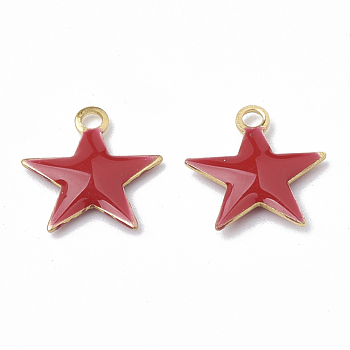 Brass Charms, with Enamel Sequins, Raw(Unplated), Star, Red, 10.5x10x1.5mm, Hole: 1mm