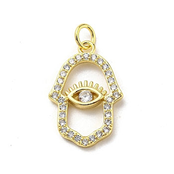 Brass Micro Pave Cubic Zirconia Pendants, Hamsa Hand with Eye, Real 16K Gold Plated, 21.5x14x2.4mm