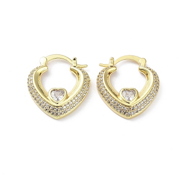 Clear Cubic Zirconia Heart Hoop Earrings, Rack Plating Brass Earrings, Lead Free & Cadmium Free, Long-Lasting Plated, Golden, 25x22x4.5mm