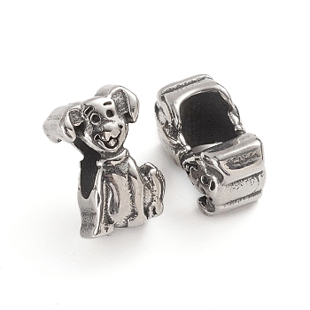 304 Stainless Steel European Beads, Large Hole Beads, Dog, Antique Silver, 12.5x8x7.5mm, Hole: 5.2x4.8mm