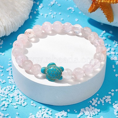 Natural Rose Quartz & Synthetic Turquoise Turtle Beaded Stretch Bracelet(BJEW-JB09699-02)-2