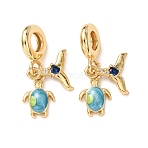 Ocean Brass Pave Cubic Zirconia European Dangle Charms, Sea Animals Turtle Fishtail Large Hole Pendants with Enamel, Real 16K Gold Plated, Deep Sky Blue, 26mm, Hole: 5mm(KK-H278-04G-02)