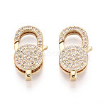 Brass Pave Clear Cubic Zirconia Lobster Claw Clasps, Flat Round, Real 18K Gold Plated, 20.5x11.5x5mm, Hole: 1.8~2mm(KK-T075-76G)