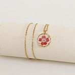Alloy & Plastic Inner Flower Flat Round Pendant Necklaces, Golden, Indian Red, 17.72 inch(45cm)(FS-WG8915D-01)