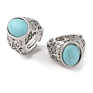 Oval Synthetic Turquoise Cuff Rings, Alloy Wide Band Open Rings for Women, Cadmium Free & Lead Free, Antique Silver, 19mm, Inner Diameter: Adjustable(RJEW-B107-12AS-01)