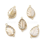 Shell Pearl Connector Charms, with Brass Double Loops, Leafd Links, Light Gold, 25~26x13~14x4~5mm, Hole: 1.6~1.8mm(PEAR-P004-66KCG)