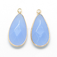 Natural White Jade Pendants, with Golden Tone Brass Findings, Faceted, teardrop, Dyed, Light Sky Blue, 32.5~33x16x6mm, Hole: 2.5mm(X-G-S221-15G)