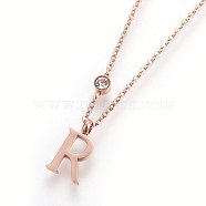 (Jewelry Parties Factory Sale)304 Stainless Steel Initial Pendant Necklaces, with Glass Rhinestone, Crystal, Rose Gold, Letter.R, 16.1~16.5 inch(41~42cm), Pendant: 11x5~8.5x1mm(NJEW-G321-04RG-R)