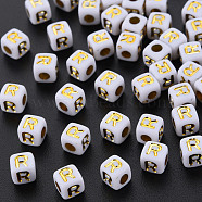 Opaque White Acrylic Beads, Metal Enlaced, Cube with Letters, Letter.R, 4.5mm, Hole: 2mm, about 5000pcs/500g(MACR-Q242-010R)