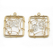 Brass Pendants, with Glass Beads, Rectangle, Real 18K Gold Plated, Clear, 19x15x5mm, Hole: 1mm(X-KK-T032-061G-04)