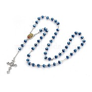 Alloy Pendant Necklaces, with Glass and 304 Stainless Steel Rolo Chains, Crucifix Cross, For Easter, Blue, 27.55 inch(70cm) (NJEW-JN02272-04)