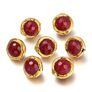 Jade Beads, Tumbled Stone, Golden Brass Findings, Dyed, Faceted, Round, Dark Red, 18~19x17x14mm, Hole: 0.8mm(G-Z018-01G)