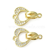 Rack Plating Eco-Friendly Brass Micro Pave Clear Cubic Zirconia Fold Over Clasps, Long-Lasting Plated, Lead Free & Cadmium Free, Heart, Real 18K Gold Plated, Heart: 13.5x13x1.5mm, Hole: 1.4mm, Clasp: 11x4.5x5mm, Hole: 1.5mm.(KK-K330)
