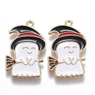 Halloween Theme Alloy Enamel Pendants, White Ghost with Black Witch Hat and Broom, Light Gold, 22.5x14.5x1.5mm, Hole: 1.6mm(ENAM-J649-03LG)