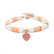 Heart Charm Bracelet, Polymer Clay Heishi Surfer Bracelet, Preppy Jewelry for Women, Golden, Orange, 7-5/8 inch(19.4cm)(BJEW-JB07655-04)