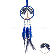 2Pcs 2 Style Brass Woven Web/Net with Feather Pendant Decorations, wtih Tree of Life Natural Lapis Lazuli & Sodalite Chips, Platinum & Golden, Pendant Decorations: 500x71x9mm, Pendants: 36~36.5x30~31x5mm(HJEW-GF0001-38)