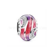 TINYSAND Pink Noble Love Rondelle Rhodium Plated 925 Sterling Silver European Beads, Large Hole Beads, with Cubic Zirconia and Enamel, Platinum, 13.16x9.3x13.15mm, Hole: 4.7mm(TS-C-014)