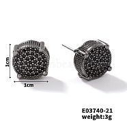 Chic Brass Cubic Zirconia Stud Earrings, Fashionable and Versatile Accessories, Flat Round, Black, 10x10mm(ZD1304-13)