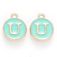 Golden Plated Alloy Enamel Charms, Cadmium Free & Lead Free, Enamelled Sequins, Flat Round with Letter, Turquoise, Letter.U, 14x12x2mm, Hole: 1.5mm(ENAM-S118-05U)