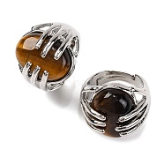 Oval Natural Tiger Eye Finger Ring, Rack Plating Platinum Tone Alloy Hug Adjustable Rings, Cadmium Free & Lead Free, Inner Diameter: 17mm(G-Q184-06F-P)