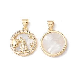 Rack Plating Brass Shell Pendants, with Cubic Zirconia & Natural Shell, Flat Round with Constellation Charms, Cadmium Free & Lead Free, Long-Lasting Plated, Real 18K Gold Plated, Aquarius, 19x16x3mm, Hole: 4x3.5mm(KK-D087-25G-03)