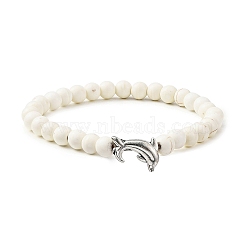 Tibetan Style Alloy Dolphin & Synthetic Turquoise Round Beaded Stretch Bracelet, WhiteSmoke, Inner Diameter: 2 inch(5cm)(BJEW-JB09895-01)