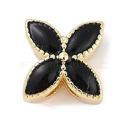 Brass Enamel Beads, Long-Lasting Plated, Lead Free & Cadmium Free, Flower, Real 18K Gold Plated, Rack Plating, Black, 9.5x9.5x7mm, Hole: 3.5mm(KK-Q028-48G-02)