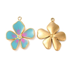 304 Stainless Steel Enamel Pendants, with Rhinestones, Real 18K Gold Plated, Flower Charm, Dark Turquoise, 21.5x17x2.5mm, Hole: 1.5mm(X-STAS-K256-10G-02)