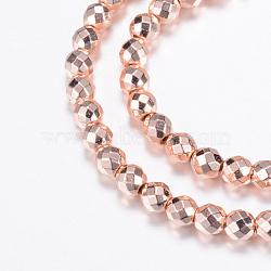 Electroplate Non-magnetic Synthetic Hematite Bead Strands, Round, Faceted, Rose Gold Plated, 6mm, Hole: 1mm, about 65pcs/strand, 15.7 inch(X-G-Q465-23RG)