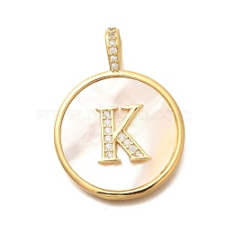 Rack Plating Brass Micro Pave Clear Cubic Zirconia Pendants with Shell, Letter Series Charms, Long-Lasting Plated, Lead Free & Cadmium Free, Letter K, 32x24x3.5mm, Hole: 6x3mm(KK-M309-42G-K)