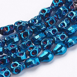 Electroplate Glass Beads Strands, Full Plated, Skull, Blue Plated, 10x8x6~7mm, Hole: 1mm, about 100pcs/strand, 35.4 inch(GLAA-K035-A-FP03)