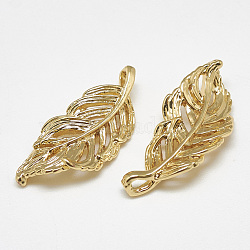 Brass Pendants, Leaf, Real 18K Gold Plated, 21x9.5x2mm, Hole: 1.5mm(KK-S347-100)