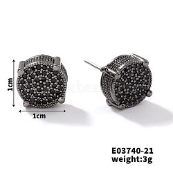 Chic Brass Cubic Zirconia Stud Earrings, Fashionable and Versatile Accessories, Flat Round, Black, 10x10mm(ZD1304-13)