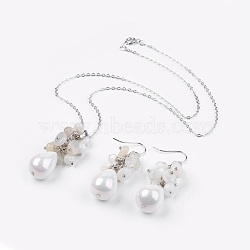 Natural Moonstone Jewelry Sets, Pendant Necklaces and Dangle Earrings, with Spring Ring Clasps and Brass Findings, Shell Pearl Bead, 17.9 inch(45.7cm), 49~51mm, Pin: 0.6mm(SJEW-JS00997-04)
