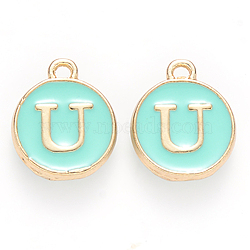 Golden Plated Alloy Enamel Charms, Cadmium Free & Lead Free, Enamelled Sequins, Flat Round with Letter, Turquoise, Letter.U, 14x12x2mm, Hole: 1.5mm(ENAM-S118-05U)