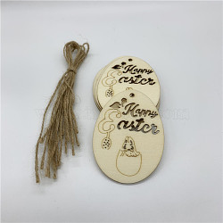Wooden Cutouts Ornaments, with Jute Twine, Easter Hanging Decorations, for Party Gift Home Decoration, Rabbit & Egg with Word Happy Easter, BurlyWood, 79.5x59.5x2.5mm(WOOD-TAC0003-75)