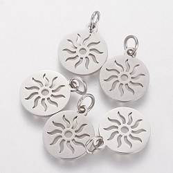 Non-Tarnish 304 Stainless Steel Pendants, Flat Round with Sun, Stainless Steel Color, 14x12x1.1mm, Hole: 3mm(X-STAS-Q201-T449S)